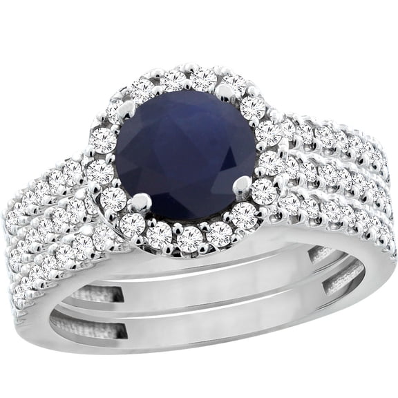 10K White Gold Diamond Halo Natural Quality Blue Sapphire 3pc Engagement Ring Set Round 6mm, size 6