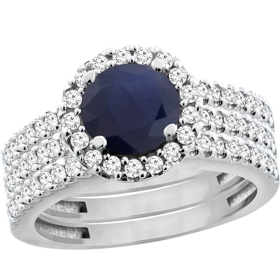 10K White Gold Diamond Halo Natural Quality Blue Sapphire 3pc Engagement Ring Set Round 6mm, size 7.5
