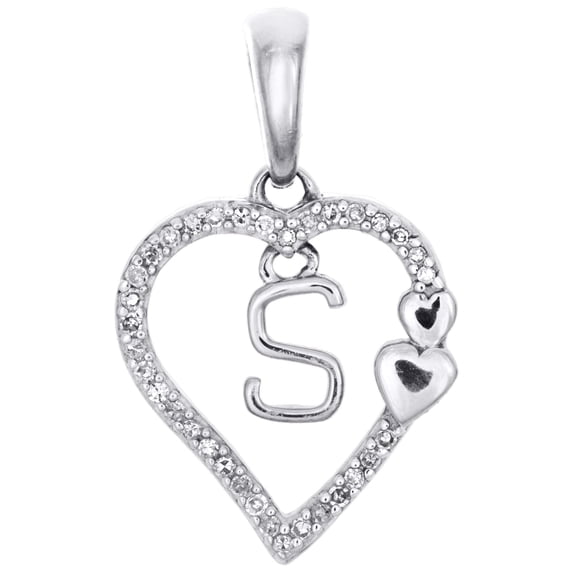 10K White Gold Diamond Heart Pendant Dangling Initial S Cut Out Charm 0.10 Ct.