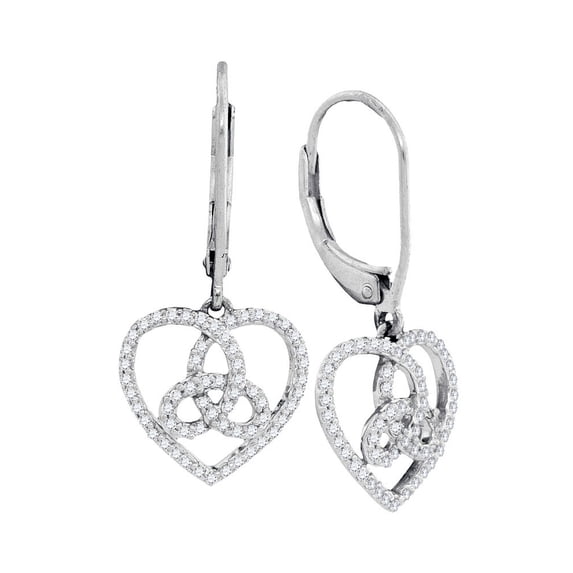 10K White Gold Diamond Heart Trinity Dangle Earrings 1/4 Ctw.