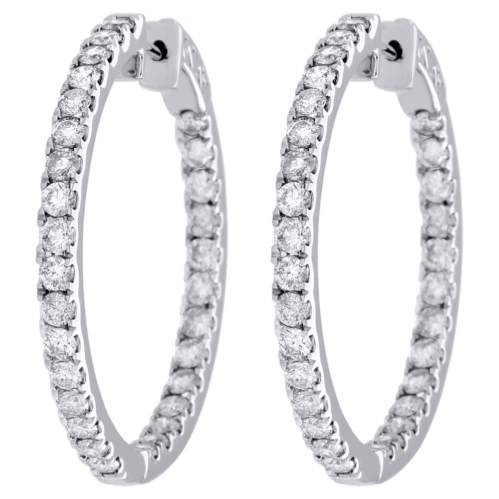 10K White Gold Diamond In & Out Hoops Round Hinged Earrings 1.25