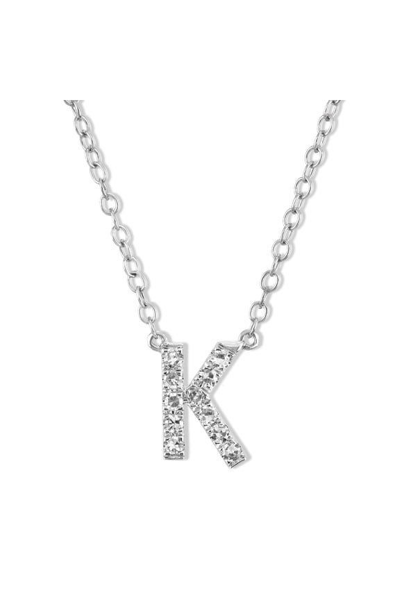 Fine Jewelry 10K White Gold Diamond K Initial Pendant with Silver Cable Chain Necklace (1/20 cttw, I-J Color, I2-I3 Clarity), 18"