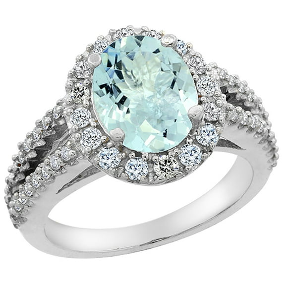 10K White Gold Diamond Natural Aquamarine Engagement Ring Oval 10x8mm, size 5