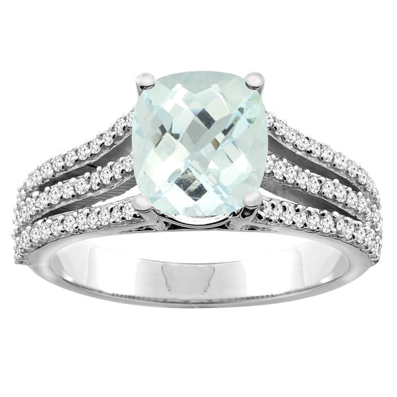 10K White Gold Diamond Natural Aquamarine Tri-split Ring Cushion-cut 8x6mm, size 5