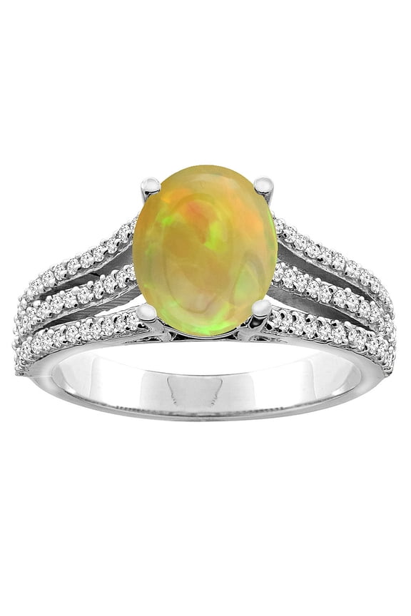 10K White Gold Diamond Natural Ethiopian Opal Tri-split Engagement Ring Oval 9x7mm, size 9