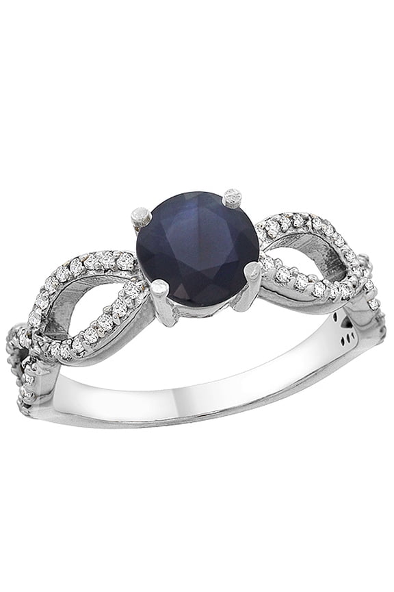 10K White Gold Diamond Natural Quality Blue Sapphire Infinity Engagement Ring Round 6mm, size 5.5