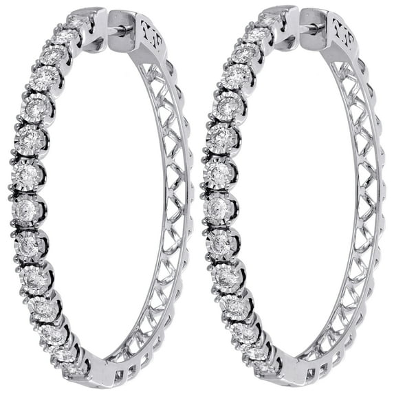 10K White Gold Diamond One Row Bezel Set 1.55" Hoops Huggie Earrings 1.50 CT.