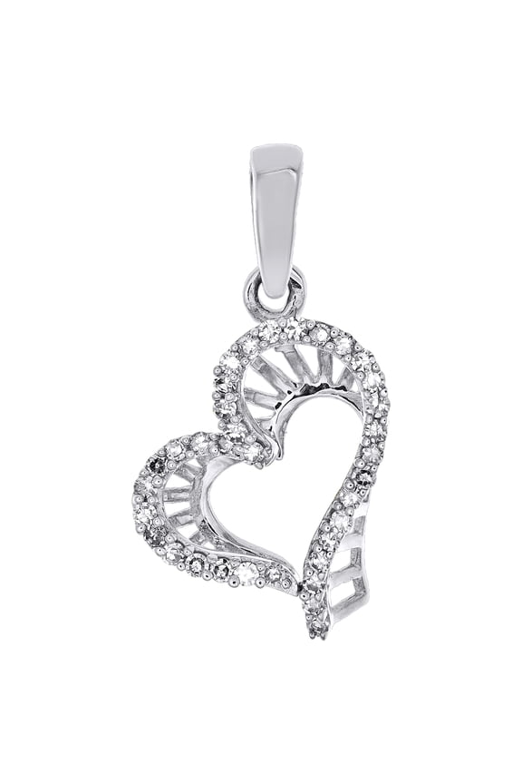 10K White Gold Diamond Slanted Cut Out Curved Heart Pendant Love Charm 0.10 Ct.