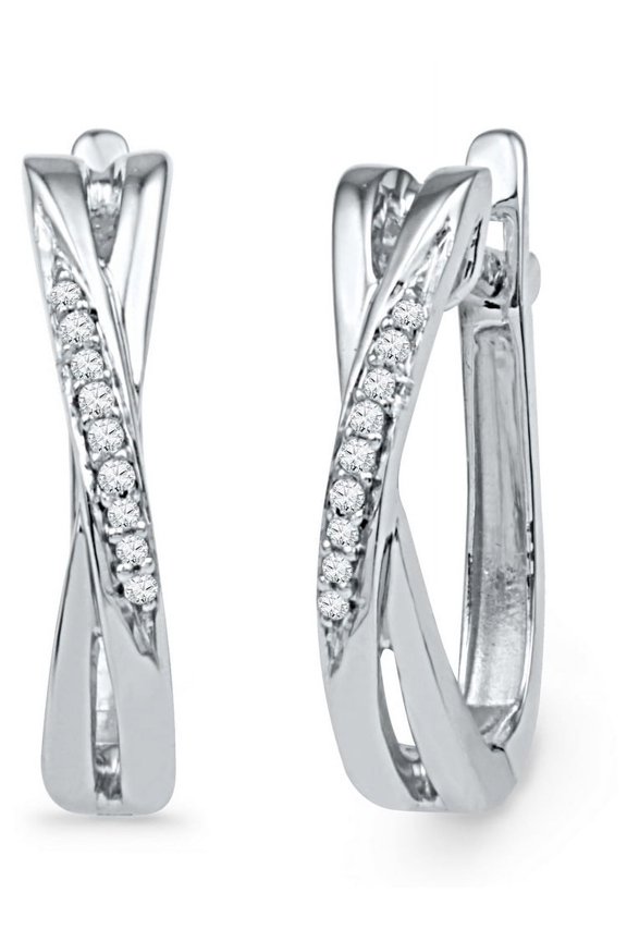 10K White Gold Diamond Slender Crossover Stylish Hoop Earrings 1/20 Ctw.