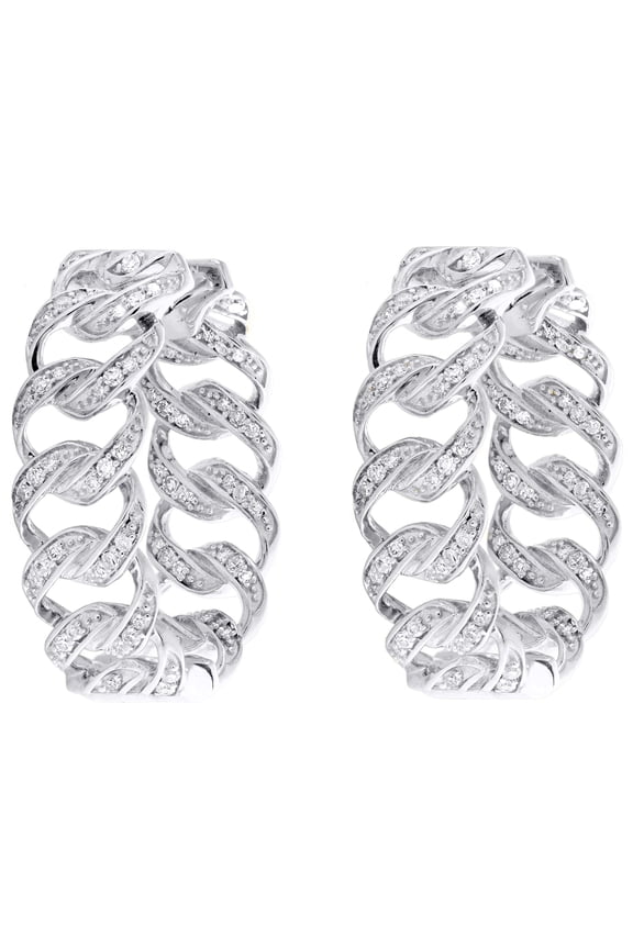 10K White Gold Diamond Women's Cuban Chain 8mm In & Out Hoop Earrings 1/2 CT