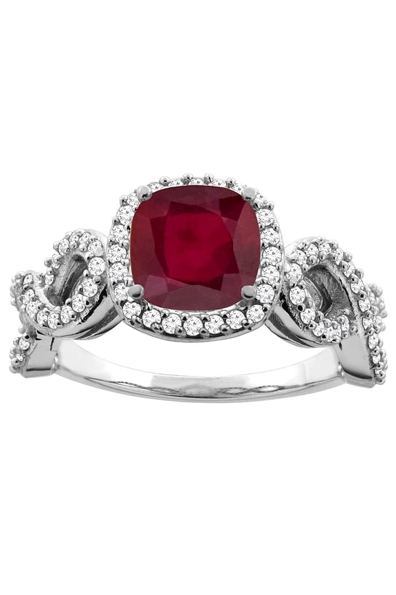 10K White Gold Diamond and Enhanced Genuine Ruby Infinity Engagement Ring Cushion-cut 7x7 mm, size 8