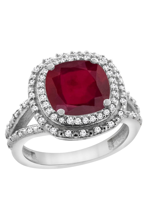 10K White Gold Diamond and Enhanced Genuine Ruby Ring Cushion-cut 8x8 mm, size 9