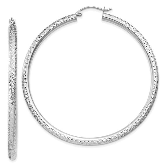 10K White Gold Diamond-cut 3 mm Round Hoop Earrings