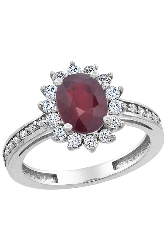 10K White Gold Enhanced Ruby Floral Halo Ring Oval 8x6mm Diamond Accents, size 8