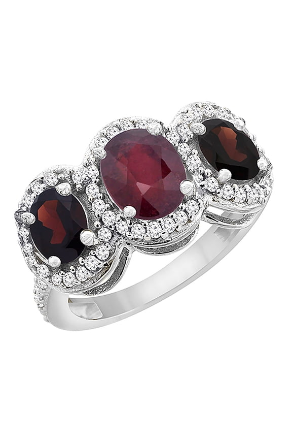 10K White Gold Enhanced Ruby & Natural Garnet 3-Stone Ring Oval Diamond Accent, size 8.5