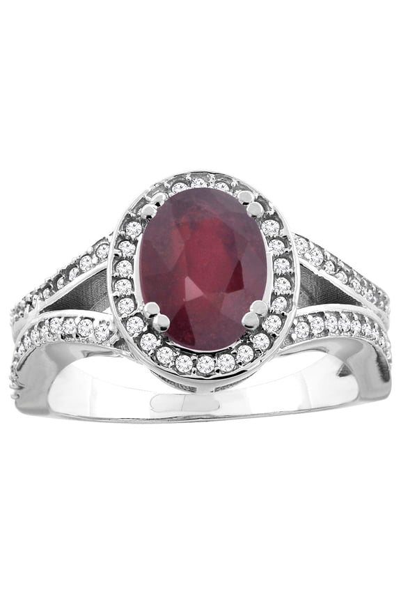10K White Gold Enhanced Ruby Split Ring Oval 8x6mm Diamond Accent, size 9