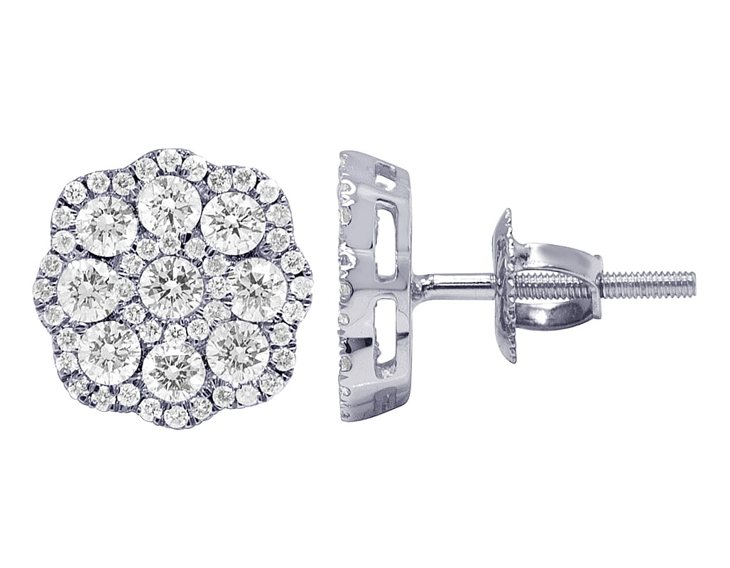 10K White Gold Flower Cluster Diamond Stud Earrings 11mm