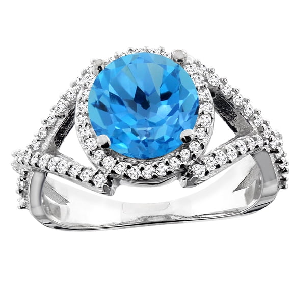 10K White Gold Genuine Blue Topaz Ring Halo Round 8mm Diamond Accent size 8.5