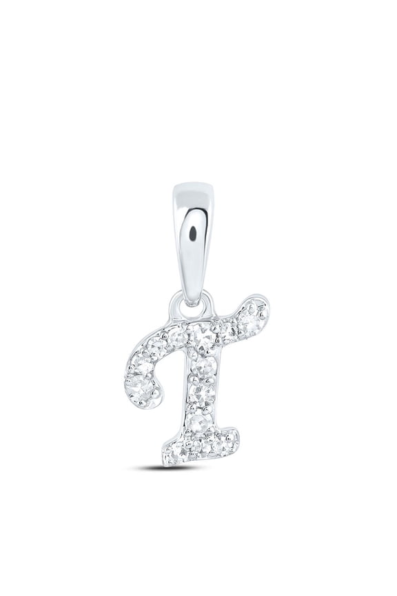 10K White Gold Genuine Diamond Women's Block Font Initial T Mini Pendant 1/20 CT