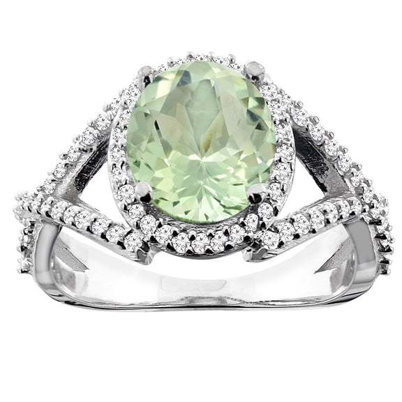 10K White Gold Genuine Green Amethyst Ring Oval 9x7mm Diamond Accent size 6.5