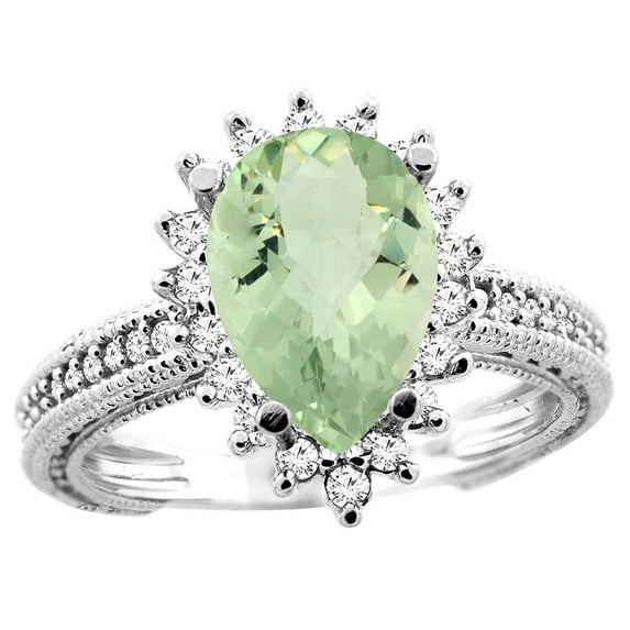 10K White Gold Genuine Green Amethyst Ring Pear 12x8mm Diamond Accent size 10