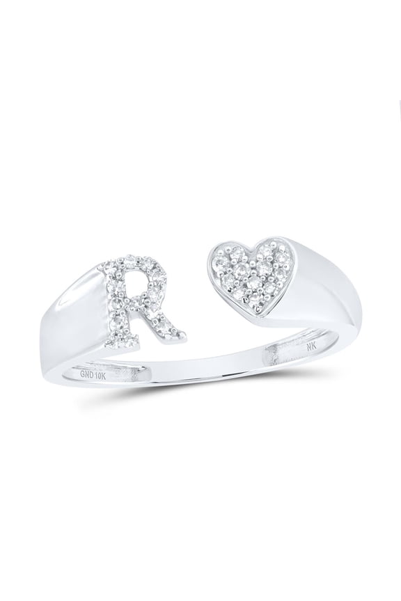 10K White Gold Genuine Round Cut Diamond Women's Initial 'A' Letter w/ Heart Split Right Hand Statement Ring 1/10 Ct.