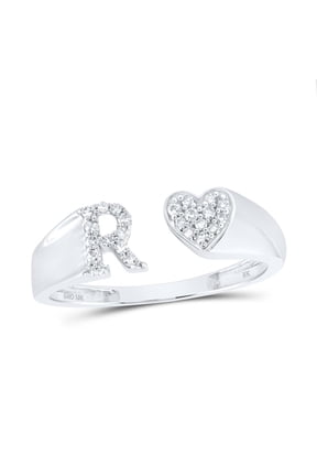 10K White Gold Genuine Round Cut Diamond Women's Initial 'R' Letter w/ Heart Split Right Hand Statement Ring 1/8 Ct.
