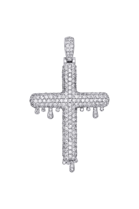 10K White Gold Genuine Round Diamond Drip Cross Pendant Mens 2" Charm 3.82 CT.