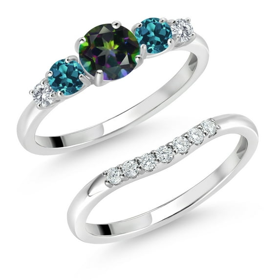 Gem Stone King 10K White Gold Green Mystic Topaz London Blue Topaz and White Lab Grown Diamond 5 Stone Bridal Engagement Wedding Ring Set for Women (0.92 Cttw, Round: 5MM and 3MM, Size 8)