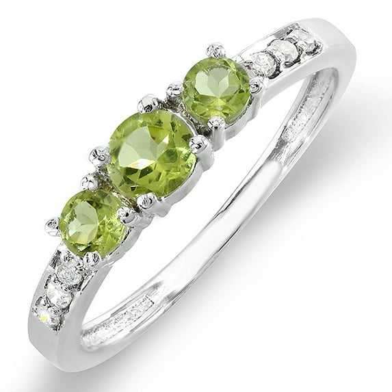 10K White Gold Green Peridot & White Diamond Three Stone Engagement Bridal Ring
