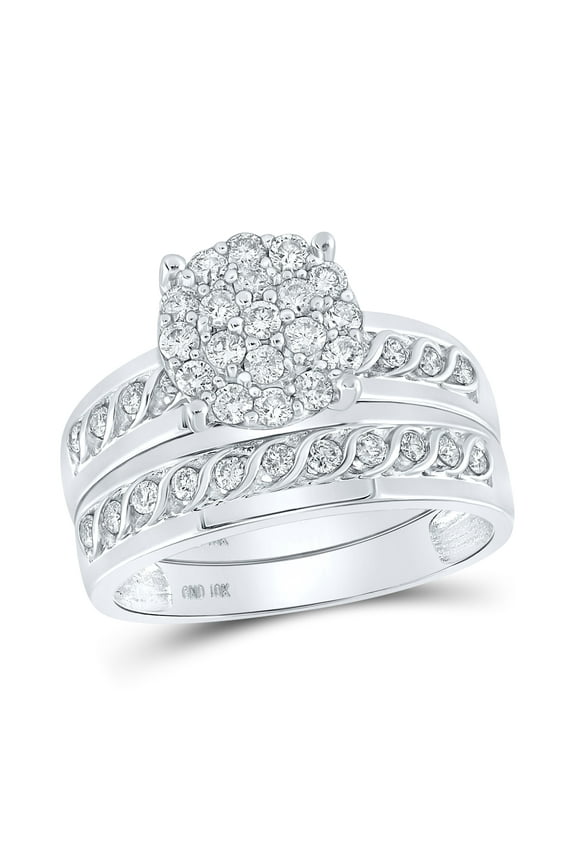 10K White Gold His Hers Round Diamond Cluster Matching Wedding Set 3/4ctw, Womens Size: 5-10, Mens Size: 7-13