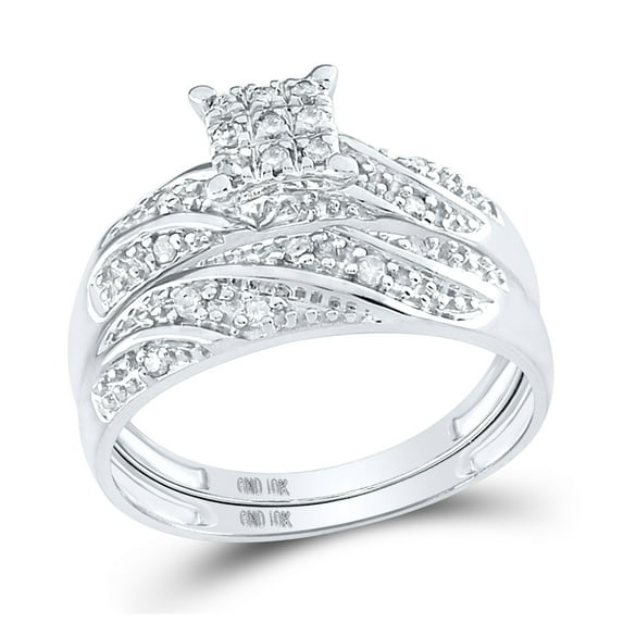 10K White Gold His Hers Round Diamond Square Matching Wedding Set 1/3ctw, Womens Size: 5-10, Mens Size: 7-13
