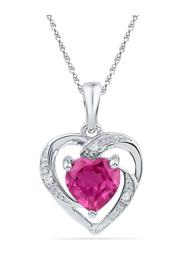 10K White Gold Lab Created Ravishing Ruby Lovely Sparkling Heart Necklace Pendant 1-1/8 Ctw.