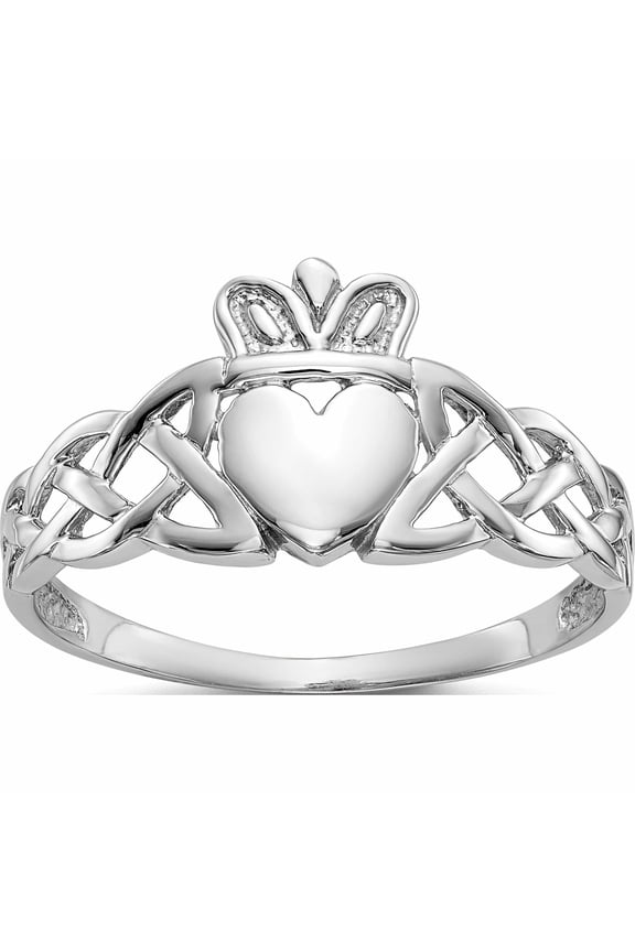 10K White Gold Polished Mens Claddagh and Celtic Knot Ring