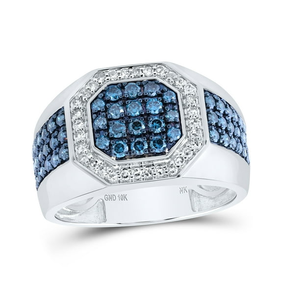 10K White Gold Mens Round Blue Color Treated Diamond Octagon Ring 1-1/5 Cttw, Mens Size: 7-13