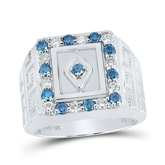 10K White Gold Mens Round Blue Color Treated Diamond Square Ring 1-1/2 Cttw, Mens Size: 7-13