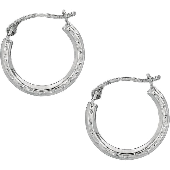 10K White Gold Mini Diamond Cut Hoop Earring with Hinged Closure.