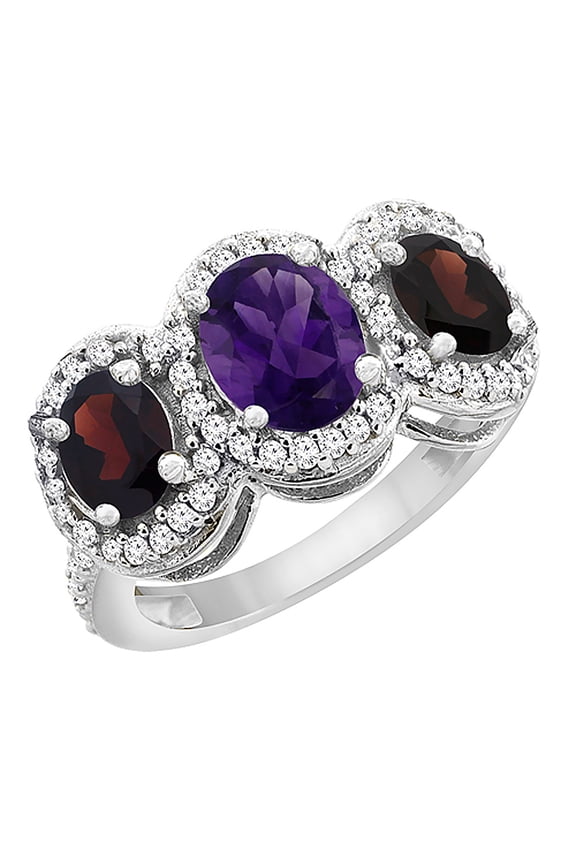 10K White Gold Natural Amethyst & Garnet 3-Stone Ring Oval Diamond Accent, size 5.5