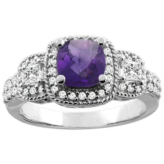 10K White Gold Natural Amethyst Ring Cushion 6x6 mm Diamond Accent, size 8
