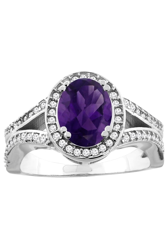 10K White Gold Natural Amethyst Split Ring Oval 8x6mm Diamond Accent, size 5