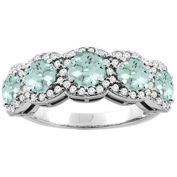 10K White Gold Natural Aquamarine 5-Stone Ring Round 4mm, size 5