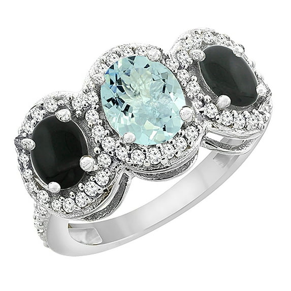 10K White Gold Natural Aquamarine & Black Onyx 3-Stone Ring Oval Diamond Accent, size 7