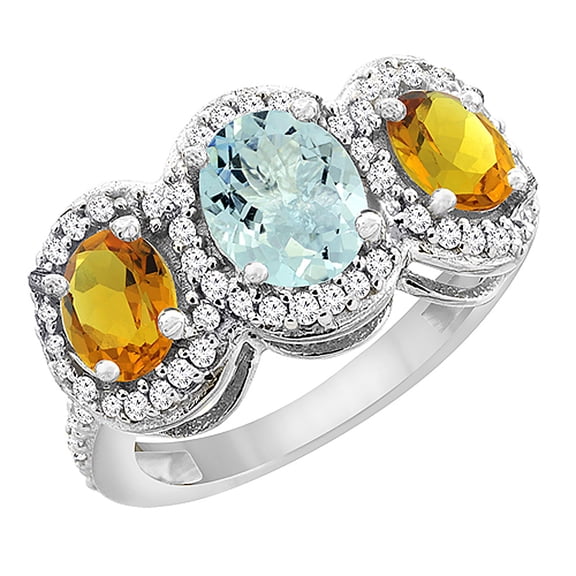 10K White Gold Natural Aquamarine & Citrine 3-Stone Ring Oval Diamond Accent, size 5