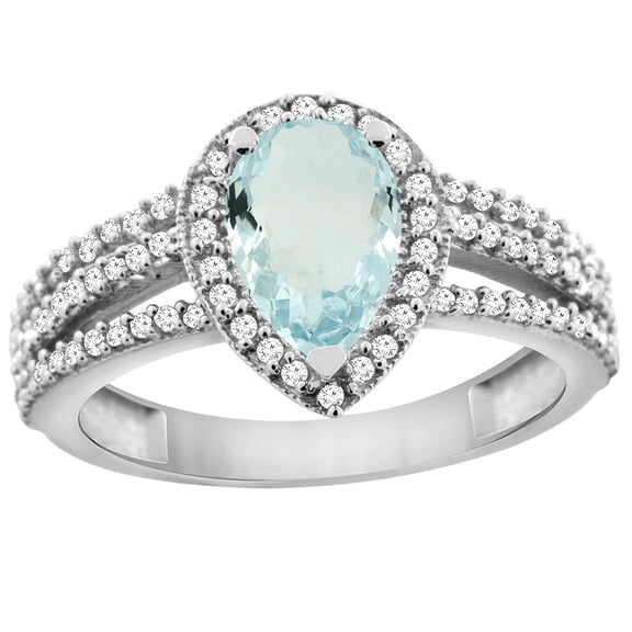 10K White Gold Natural Aquamarine Ring 9x7 Pear Halo Diamond, size 9.5