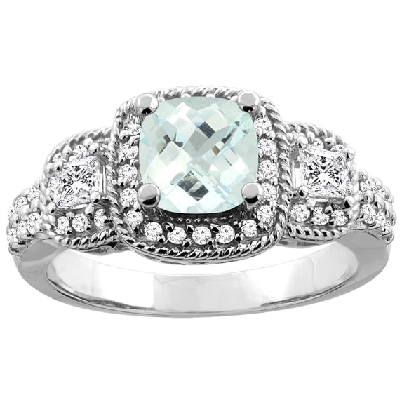 10K White Gold Natural Aquamarine Ring Cushion 6x6 mm Diamond Accent, size 8