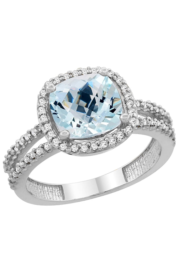 10K White Gold Natural Aquamarine Ring Cushion-cut 8x8 mm 2-row Diamond Accents, size 8