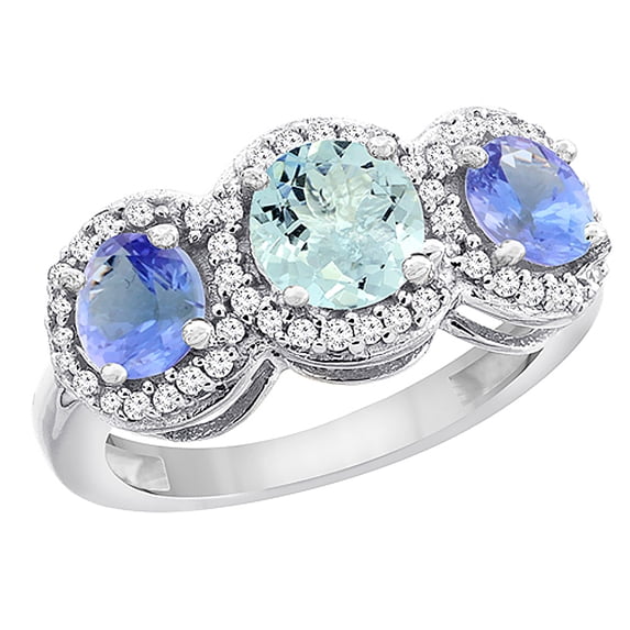 10K White Gold Natural Aquamarine & Tanzanite Sides Round 3-stone Ring Diamond Accents, size 5.5