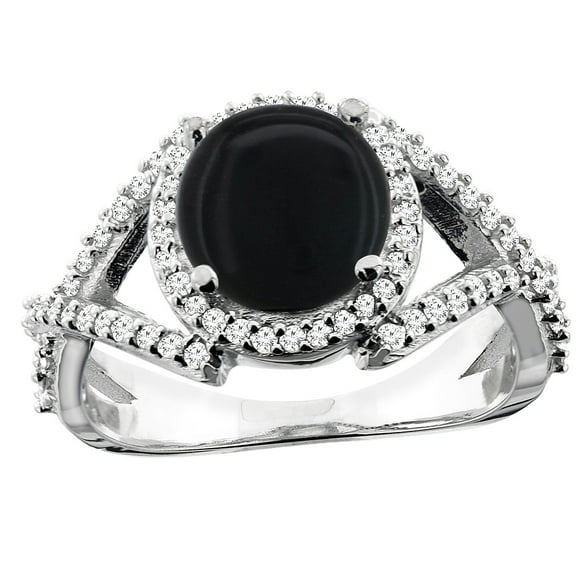 10K White Gold Natural Black Onyx Ring Round 8mm Diamond Accent, size 5