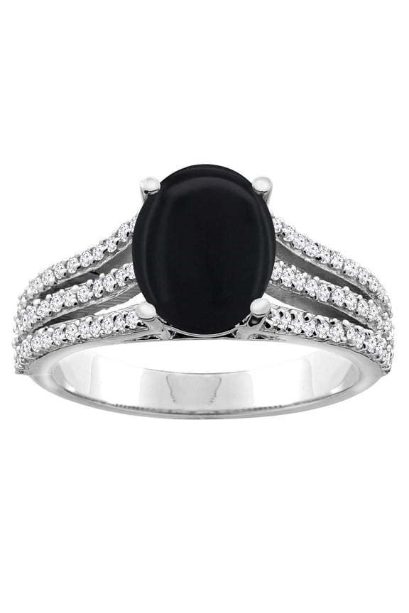 10K White Gold Natural Black Onyx Tri-split Ring Oval 9x7mm Diamond Accents, size 7