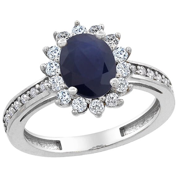 10K White Gold Natural Blue Sapphire Floral Halo Ring Oval 8x6mm Diamond Accents, size 6.5